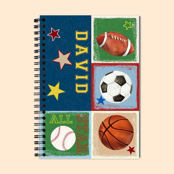 Personalized Watercolor Soccer Football Basketball Baseball All Star A5 Lined Spiral Notebook Birthday Back to School Gift for Kids Sport Lover