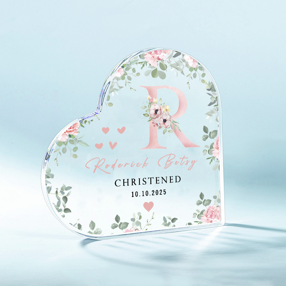 Plaque acrylique en forme de coeur avec nom et texte Baptême Cadeau d'anniversaire pour nouveau-né