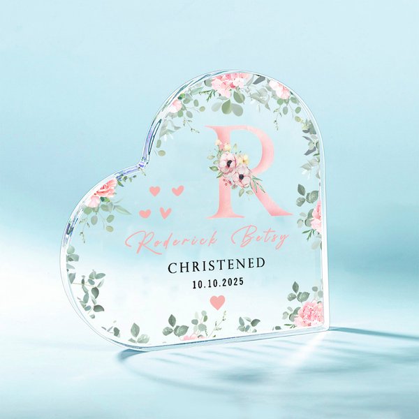 Henkilökohtainen Floral Initial Sydämen muotoinen akryyli laatta nimi ja teksti Kaste Syntymäpäivälahja vastasyntyneille