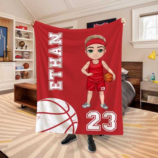 Gepersonaliseerde Cartoonfiguur Zachte Fleece Deken met Nummer en Naam Verjaardag Wedstrijddag Cadeau voor Sportliefhebbers