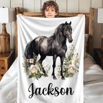 Personalized Watercolor Illustration Floral Horse Soft Throw Blanket with Name Multicolor Home Decor Holiday Birthday Gift for Horse Lovers