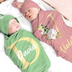 Ensemble d'emmaillotage et de bonnet à nœuds en coton multicolore personnalisé Cadeau d'anniversaire de douche de bébé pour les nouveaux-nés