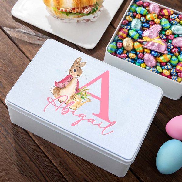 Personalised Cute Cartoon Peter Rabbit Food-grade Metal Biscuit Tin Box with Initial and Name Birthday Easter Gift for Kids Family Friends