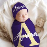 Ensemble d'emmaillotage et de bonnet à nœuds en coton multicolore personnalisé Cadeau d'anniversaire de douche de bébé pour les nouveaux-nés