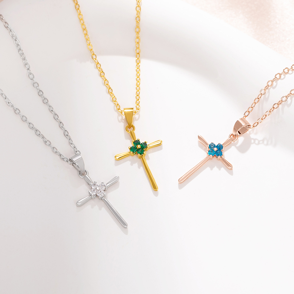 Collier Croix Minimaliste 4 Pierres de Naissance Jésus Bijoux Anniversaire Baptême Chrétien Cadeau pour Femme