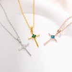 Personalizado Minimalismo 4 Birthstones Cruz Collar Jesús Joyería Cumpleaños Cristiano Bautizo Regalo para Mujeres