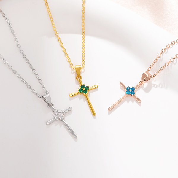 Personalised Minimalism 4 Birthstones Cross Necklace Jesus Jewellery Birthday Christian Baptism Gift for Women