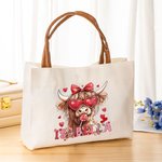 Personalised Coquette Bow Love Highland Cow Canvas Tote Bag with Name and Handle Birthday Valentine's Day Gift For Women