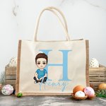 Personlig söt tecknad karaktär jute tygpåse med namn och initialer födelsedag påskpresent för barn vuxna