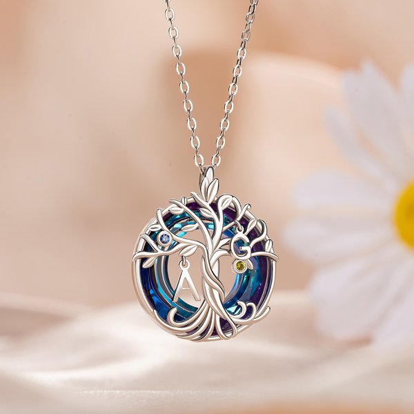 Collier en Cristal et Argent Sterling Personnalisé avec 1-2 Pierres de Naissance et 1-4 Initiales Thème Arbre de Vie Cadeau Anniversaire pour Femme