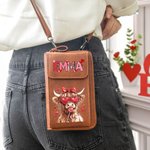 Personalized Highland Cow Coquette Bow Leather Crossbody Bag Wallet with Name and Card Slots Birthday Valentine's Day Gift for Women