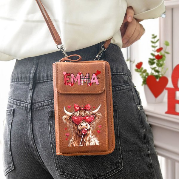 Sac à bandoulière en cuir avec noeud Highland Cow Coquette Portefeuille avec nom et fentes pour cartes Cadeau d'anniversaire pour la Saint-Valentin pour les femmes