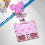Personalized Pink Glitter Coquette Bow Heart Badge Reel with Name and Text Appreciation Graduation Gift for Nurse Doctor Office Worker