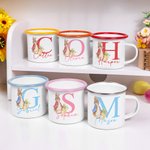 Personalized Cute Easter Peter Rabbit Bunny 12oz Enamel Mug with Initial and Name Back to School Birthday Easter Gift for Kids