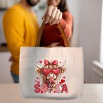 Personalised Coquette Bow Love Highland Cow Canvas Tote Bag with Name and Handle Birthday Valentine's Day Gift For Women