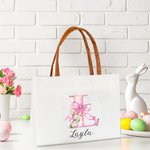 Personalized Cute Easter Bunny Pink Bow Initial Large Canvas Tote Bag with Name and Leather Handle Easter Birthday Gift for Women