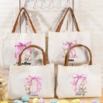 Personalized Cute Easter Bunny Pink Bow Initial Large Canvas Tote Bag with Name and Leather Handle Easter Birthday Gift for Women