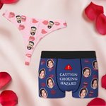Personalizado Labio Peligro de Asfixia Precaución Transpirable Pareja Tanga Boxer Calzoncillos Set con Foto de Cara Día de San Valentín Aniversario Regalo para Él Ella