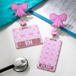 Personalized Pink Glitter Coquette Bow Heart Badge Reel with Name and Text Appreciation Graduation Gift for Nurse Doctor Office Worker