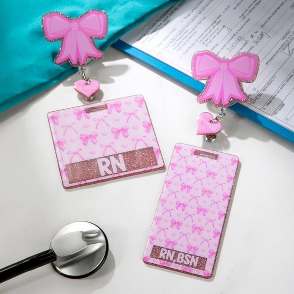 Personalised Pink Glitter Coquette Bow Heart Badge Reel with Name and Text Appreciation Graduation Gift for Nurse Doctor Office Worker