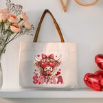 Personalised Coquette Bow Love Highland Cow Canvas Tote Bag with Name and Handle Birthday Valentine's Day Gift For Women