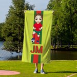 Gepersonaliseerd Voetbal Cartoon Character Monogram Stripe Oversized Quick Dry Strandlaken Vakantie Accessoires Verjaardagscadeau voor voetballiefhebbers