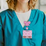 Personalized Pink Glitter Coquette Bow Heart Badge Reel with Name and Text Appreciation Graduation Gift for Nurse Doctor Office Worker