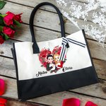 Personalized Heart Flower Cartoon Character Large Canvas Tote Bag with Name Valentine's Day Anniversary Gift for Women