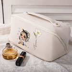 Borsa per il trucco portatile in pelle PU personalizzato con nome e fiore di nascita design personaggio animato regalo di compleanno per donne