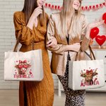 Personalised Coquette Bow Love Highland Cow Canvas Tote Bag with Name and Handle Birthday Valentine's Day Gift For Women