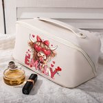 Personalisierte Coquette Bogen Liebe Hochland Kuh PU Leder Kosmetiktasche mit Namen Portable Reisezubehör Geburtstag Valentinstag Geschenk für Frauen