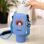 Personalized Quirky Girl Water Bottle Carrier Bag with Name Pocket and Adjustable Shoulder Strap Accessory for 40oz Stanley Birthday Gift for Women