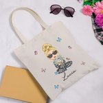Borsa canvas personalizzata con personaggio in stile cartone animato nome e fiore di nascita regalo per Natale e compleanno per donne