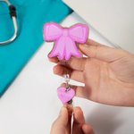 Personalized Pink Glitter Coquette Bow Heart Badge Reel with Name and Text Appreciation Graduation Gift for Nurse Doctor Office Worker