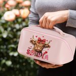 Personalisierte Coquette Bogen Liebe Hochland Kuh PU Leder Kosmetiktasche mit Namen Portable Reisezubehör Geburtstag Valentinstag Geschenk für Frauen