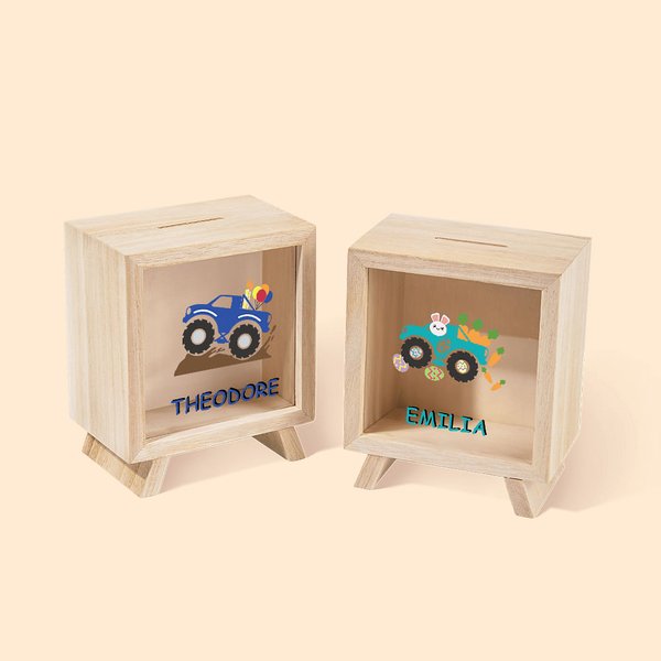Personalisierte lustige schrullige LKW-Muster hölzerne klare Spardose Sparschwein mit Namen Urlaub Geburtstag Bildungsgeschenk für Kinder