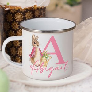Personalised Cute Easter Peter Rabbit Bunny 12 oz Enamel Mug with Initial and Name Easter Birthday Gift for Kids