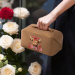 Personalisierte Coquette Bogen Liebe Hochland Kuh PU Leder Kosmetiktasche mit Namen Portable Reisezubehör Geburtstag Valentinstag Geschenk für Frauen