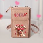 Personalized Highland Cow Coquette Bow Leather Crossbody Bag Wallet with Name and Card Slots Birthday Valentine's Day Gift for Women