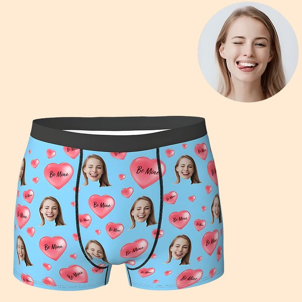 Personalisierte Mehrfarbige „Be Mine“ Herz Boxershorts mit Porträt Atmungsaktive Herrenunterwäsche Valentinstag Geburtstag Geschenk für Herren