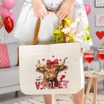 Personalised Coquette Bow Love Highland Cow Canvas Tote Bag with Name and Handle Birthday Valentine's Day Gift For Women
