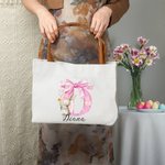 Personalized Cute Easter Bunny Pink Bow Initial Large Canvas Tote Bag with Name and Leather Handle Easter Birthday Gift for Women