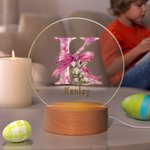 Personalized Cute Easter Bunny Pink Bow Initial LED Night Light with Wooden Base Cute Room Decor Birthday Easter Party Favor Gift for Kids