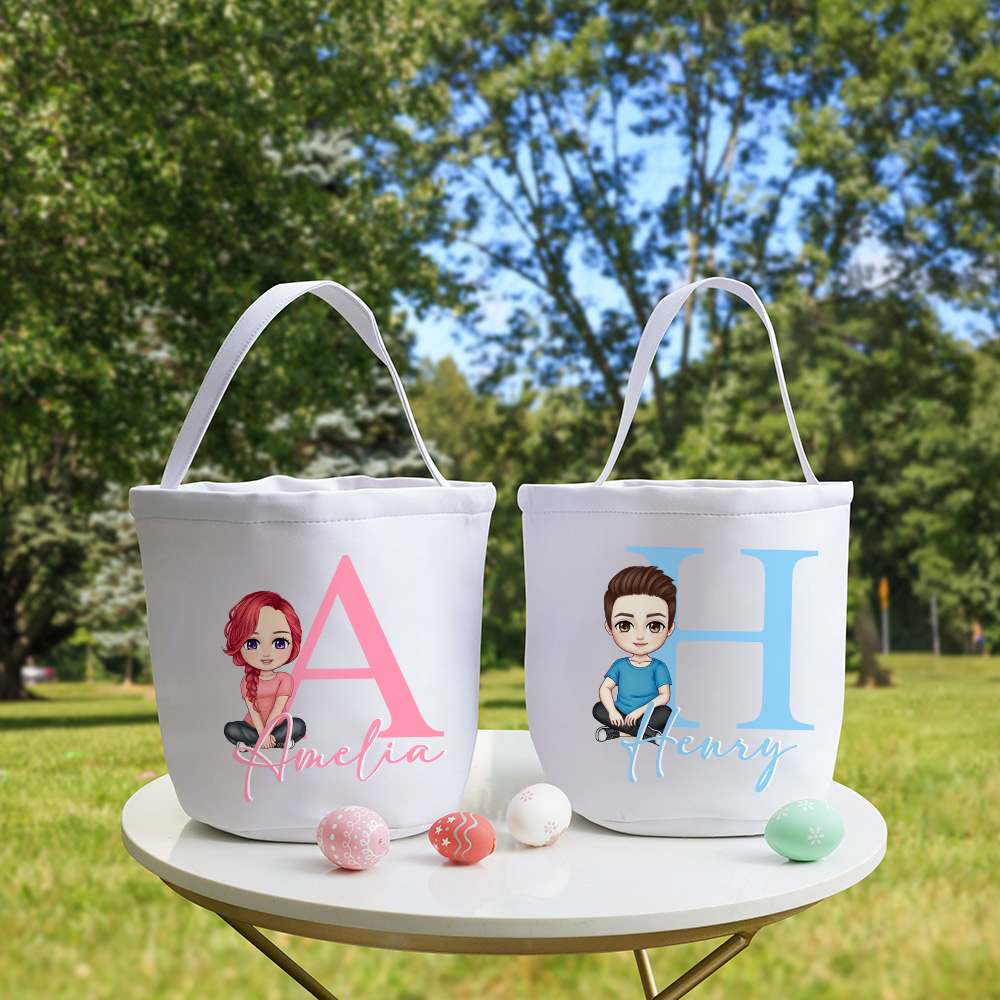 Panier pour Chasse aux Œufs en Toile Personnalisé avec Nom Initiale et Personnage Cadeau Anniversaire Pâques pour Enfant Famille Ami