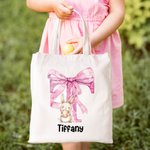 Personalisierte niedliche Ostern Hase rosa Bogen anfängliche Leinwand große Tragetasche mit Namen Party Gunst Ostern Geburtstag Geschenk für Kinder Familie