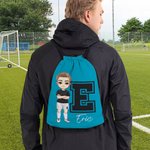 Personalised Football Cartoon Character Drawstring Backpack Cinch Storage Bag with Name and Initial Birthday Gym Traveling Gift for Sport Lovers