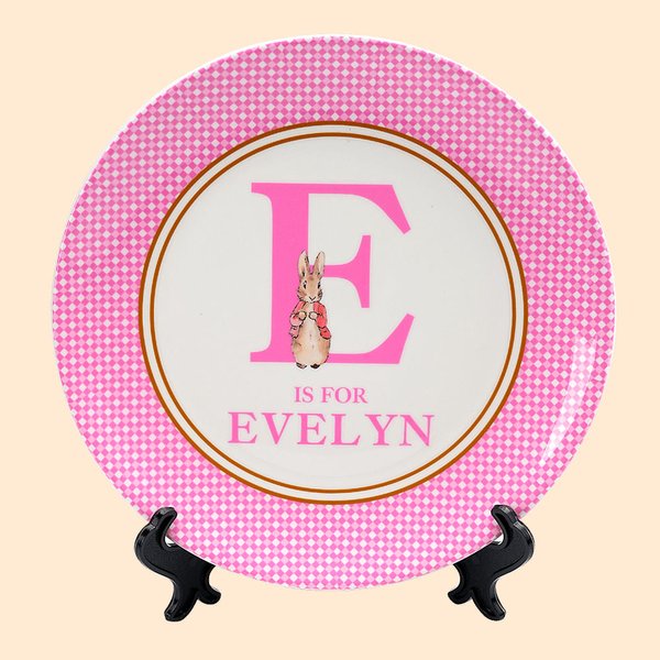 Personalised Classic Peter Rabbit Striped Checkered Ceramic Dinner Plate with Name Initial Easter Family Party Table Decor Gift for Boys Girls