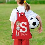 Personalised Football Cartoon Character Drawstring Backpack Cinch Storage Bag with Name and Initial Birthday Gym Traveling Gift for Sport Lovers