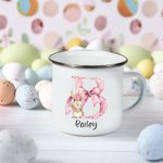 Personalized Cute Easter Bunny Pink Bow Initial 12oz Silver Rim Enamel Mug with Name Birthday Easter Party Favor Gift for Kids