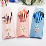 Personalized Cross Birth Flower Makeup Brush Bag with 8 Pcs Brushes Bachelorette Wedding Easter Christian Gift for Women Girls